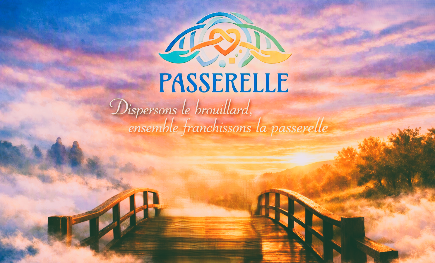Deux femmes se tiennent la main sur une passerelle au coucher de soleil — Dispersons le brouillard, ensemble franchissons la passerelle